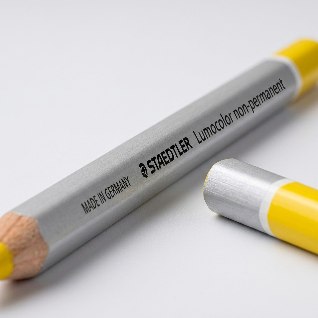 Macro details of the STAEDTLER Lumocolor non-permanent omnichrom 108 pencil imprint and core.
