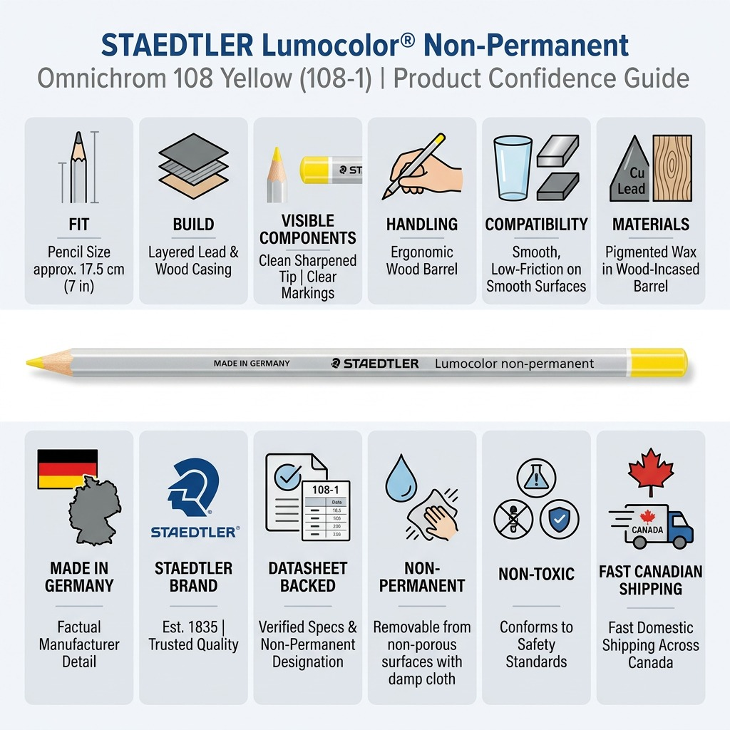 Product infographic matrix for the STAEDTLER Lumocolor non-permanent omnichrom 108 Yellow (108-1), illustrating factual cues for fit, build, visible components, handling, surface compatibility, materials, Manufacturer detail (Made in Germany), STAEDTLER brand, Datasheet-backed specifications, and Fast Canadian Shipping. Uses simple icons and short informative text alongside a central image of the pencil.