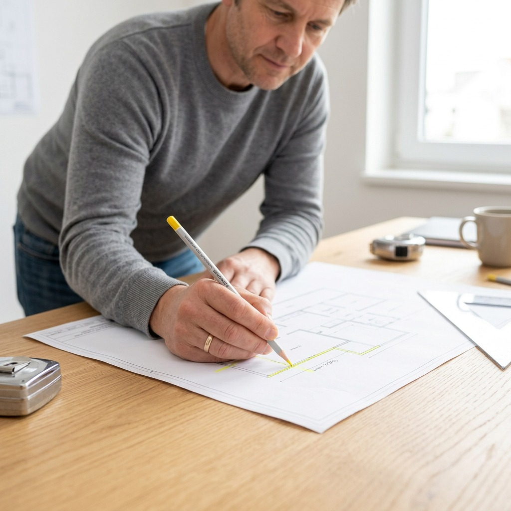 A close-up photograph of a STAEDTLER Lumocolor non-permanent omnichrom yellow pencil rewriting a plan on a blueprint sheet.