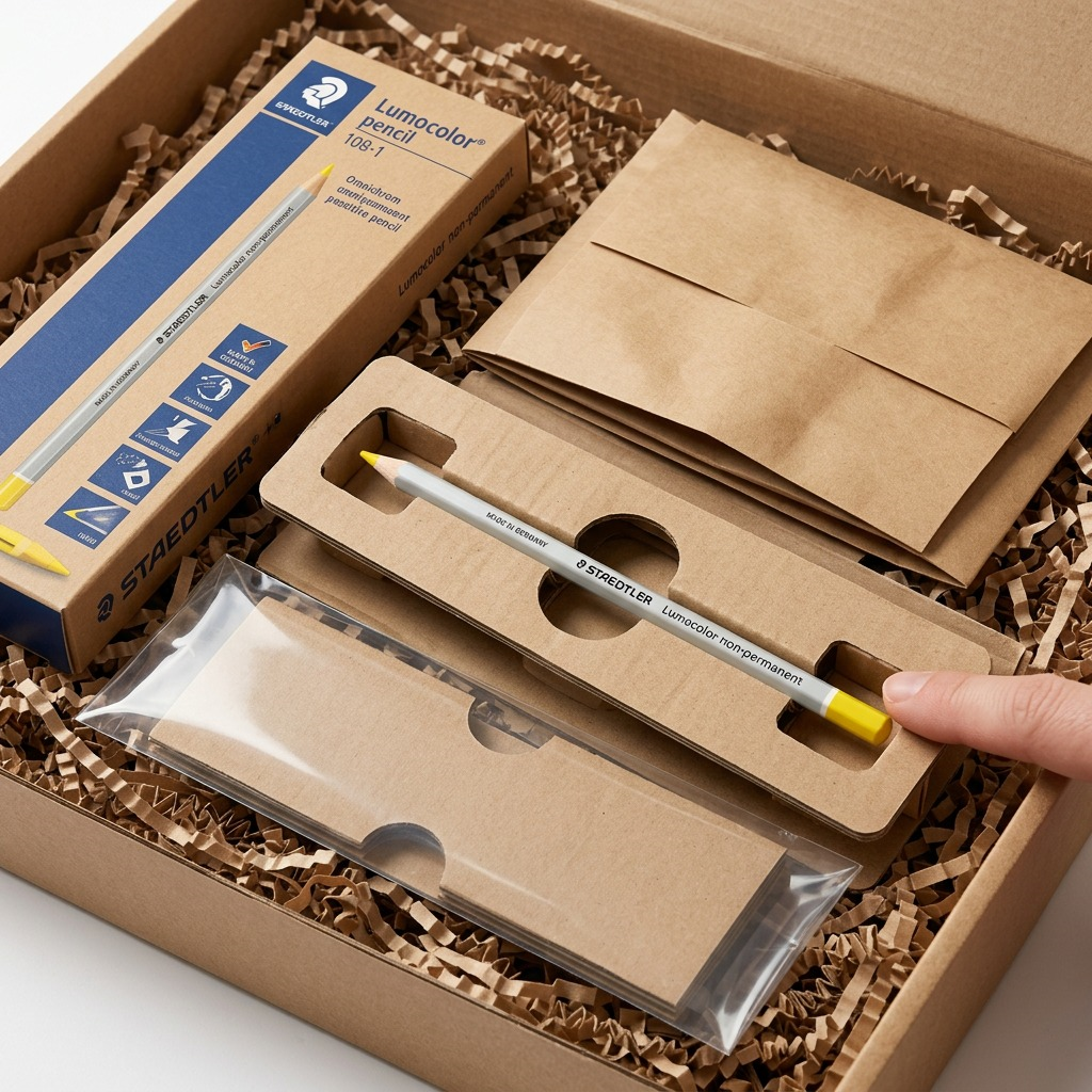 A person's hand carefully retrieves the STAEDTLER Lumocolor yellow non-permanent pencil from its multi-layer protective packaging.