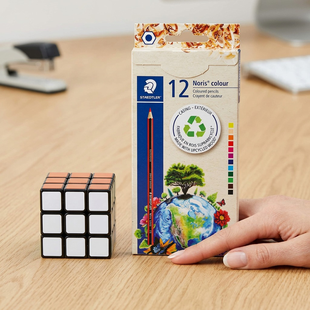 A scale reference image showing a STAEDTLER Noris 12-count colored pencil box beside a common logic puzzle cube.