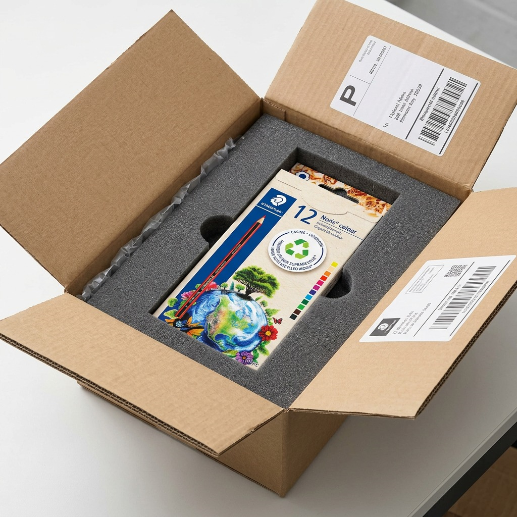 A photo of the 12-count STAEDTLER Noris colored pencil box nestled securely inside a shipping box with protective padding.
