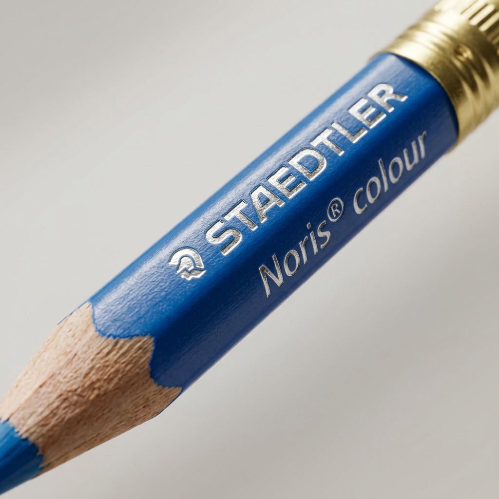 A macro photograph detail of silver and gold imprints on a single STAEDTLER Noris blue pencil barrel.