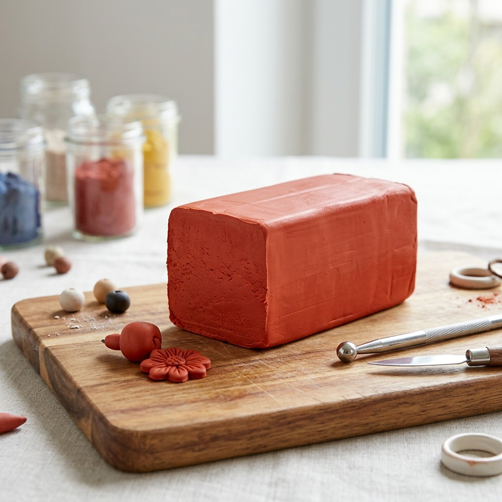 A Fimo Soft Indian Red clay block, with tools and a miniature sculpture, on a wooden work surface with crafting supplies. Approx. 100 characters.