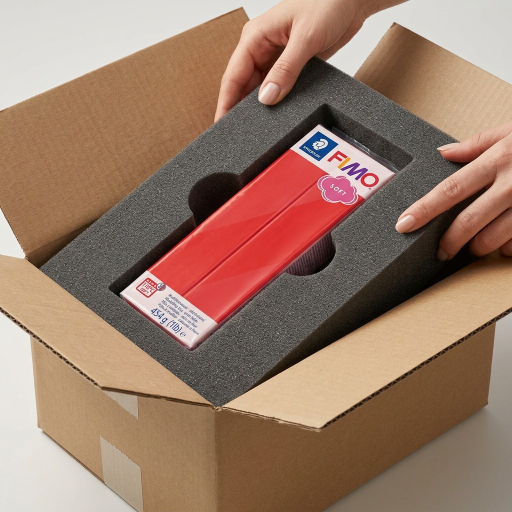 A premium, protected unboxing of STAEDTLER Fimo Soft 454g clay from a custom foam insert block.