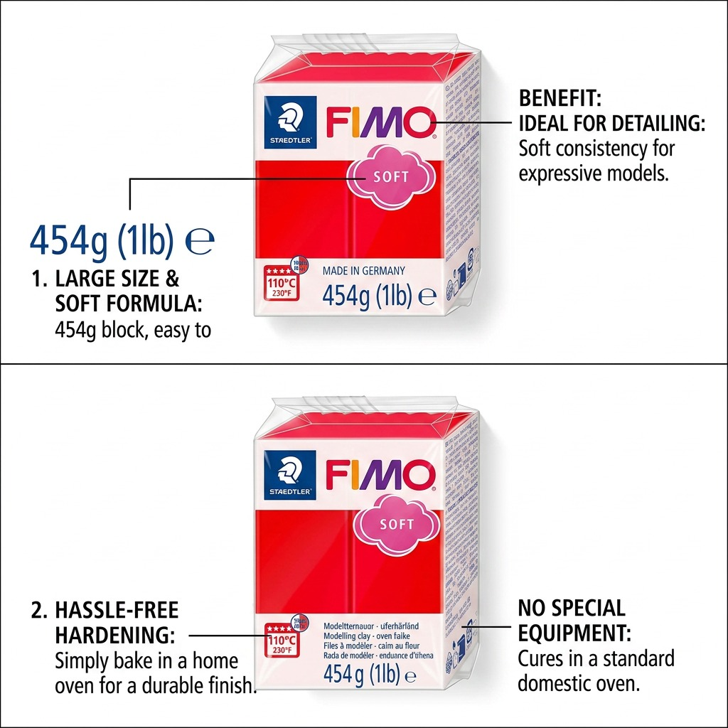 A functional diagram with pointer lines calling out key product features of FIMO Soft modelling clay.