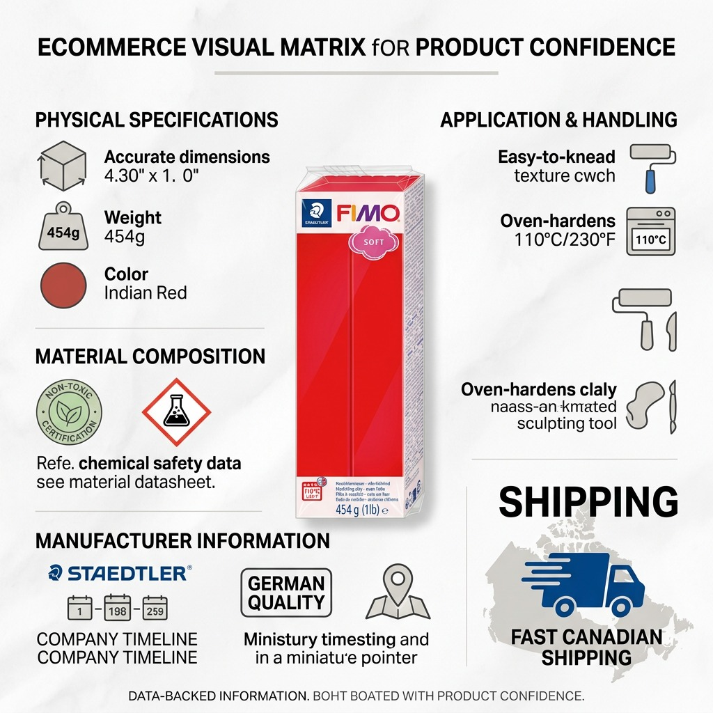A clean ecommerce graphic matrix featuring STAEDTLER Fimo Soft 454g clay with icons and short factual cues for build, handling, and shipping.