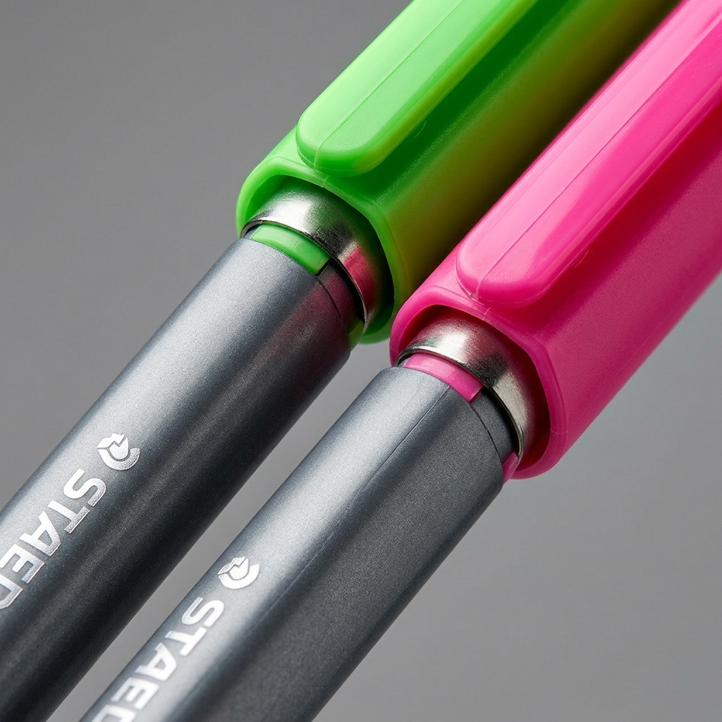 Macro shot showing the distinctive triangular barrel of STAEDTLER triplus neon fineliners.
