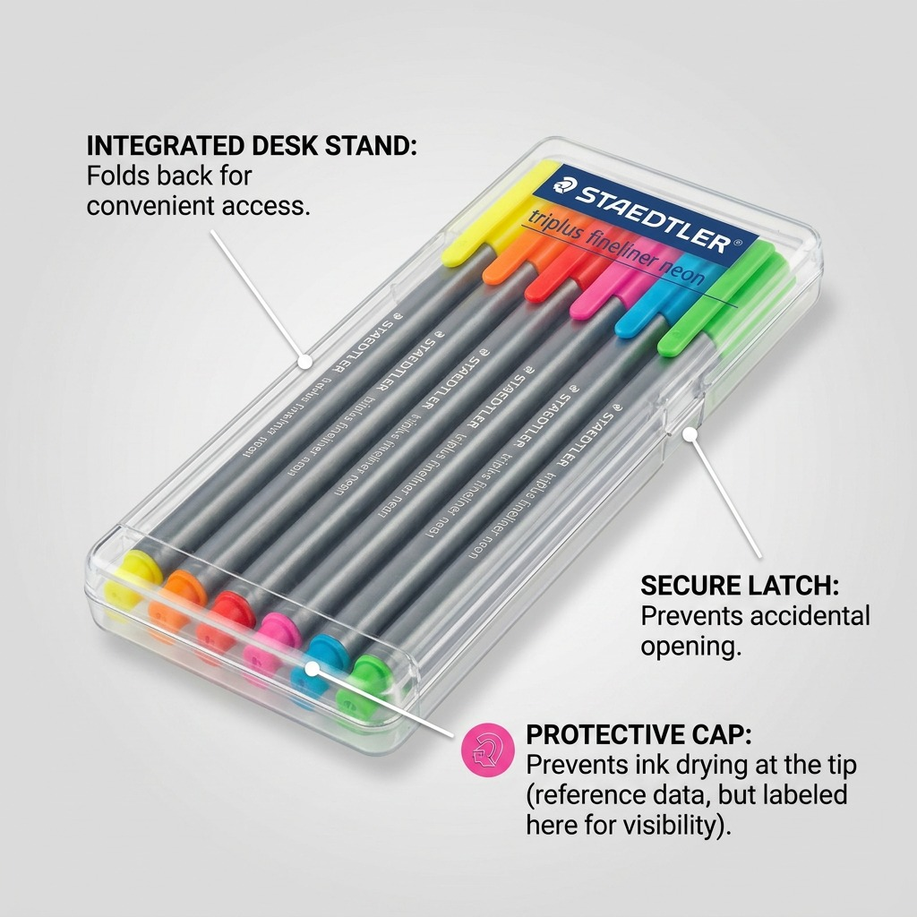 A functional product rendering of the STAEDTLER triplus neon case from image 0.png, with feature callouts highlighting specific details: the case design as a "DESK STAND CASE," its construction as a "SECURE LATCH CLOSURE," and a "PROTECTIVE END CAP" detail on the base of the pens. The style is clean, ecommerce-focused, on a neutral background.