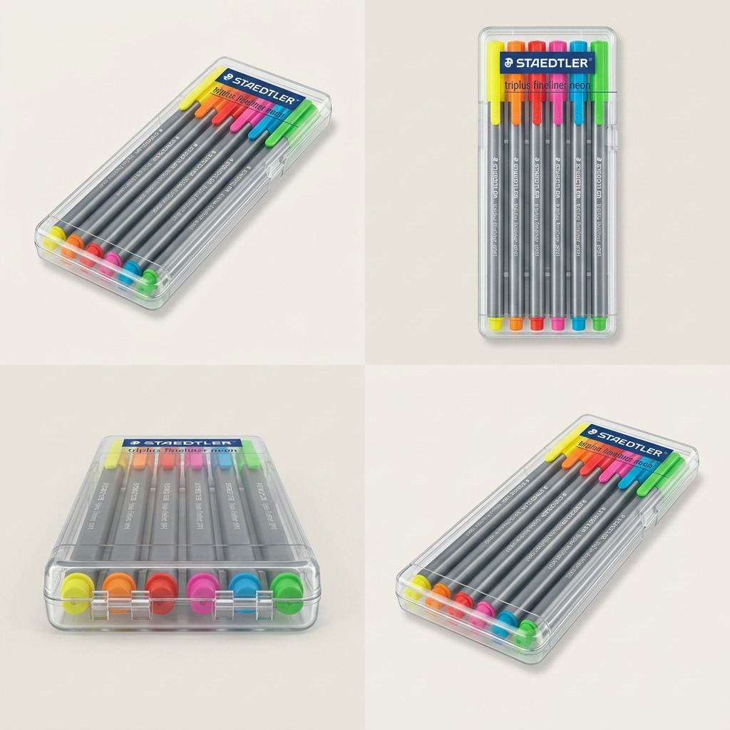 A clean image matrix showing the STAEDTLER triplus fineliner neon 6-color set from four distinct angles, including a top-down view and detailed close-ups, all in a uniform layout.