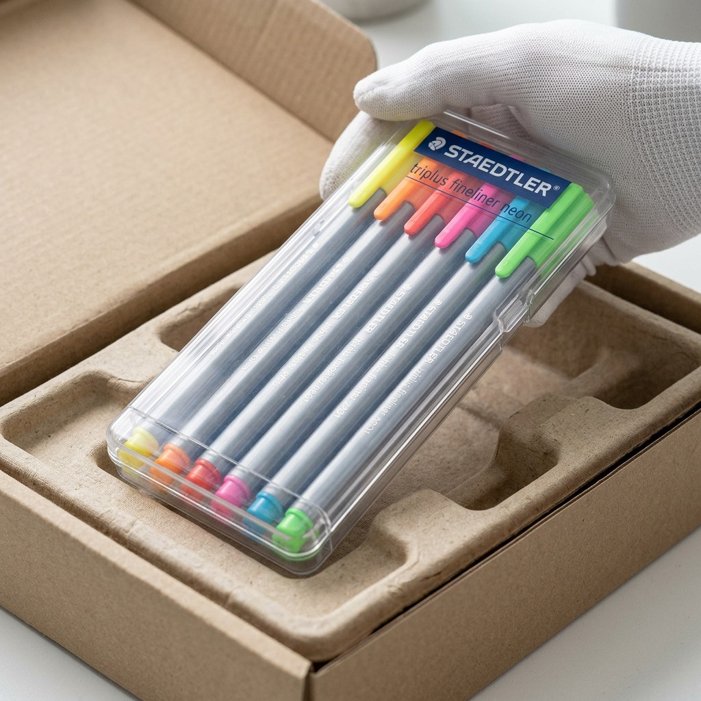 A close-up photograph showing the specified STAEDTLER triplus neon 6-pen set being lifted from custom pulp packaging inside a shipping carton.