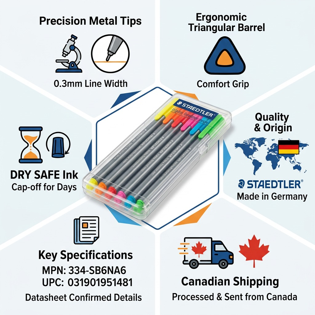 An infographic matrix centered on the STAEDTLER triplus neon 6-pen set, surrounded by factual icons detailing its features, German origin, MPN, UPC, and fast Canadian shipping.