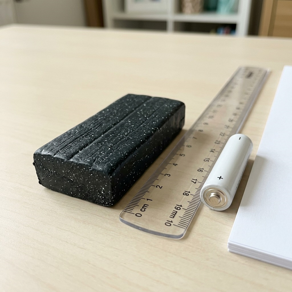 Alt text: A single Fimo Effect Black Granite clay block is shown to scale on a ruler beside standard office paper.