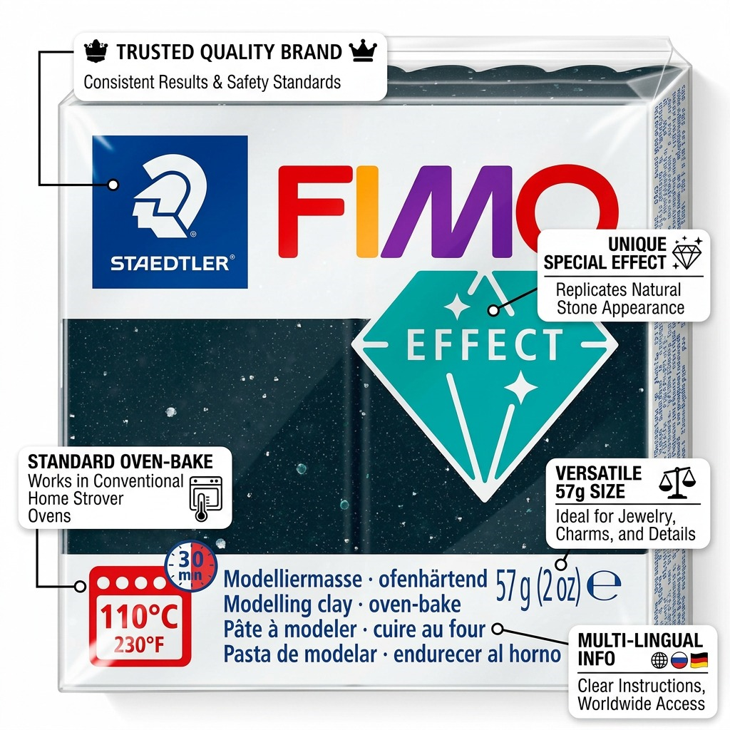 An e-commerce graphic highlights four operational features of STAEDTLER FIMO Effect clay: specialized finish, standard baking, 57g weight, and multi-language text.