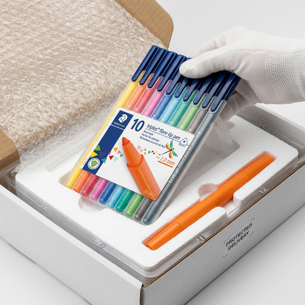 A close-up shot of the STAEDTLER set arriving in a protective box with bubble wrap.