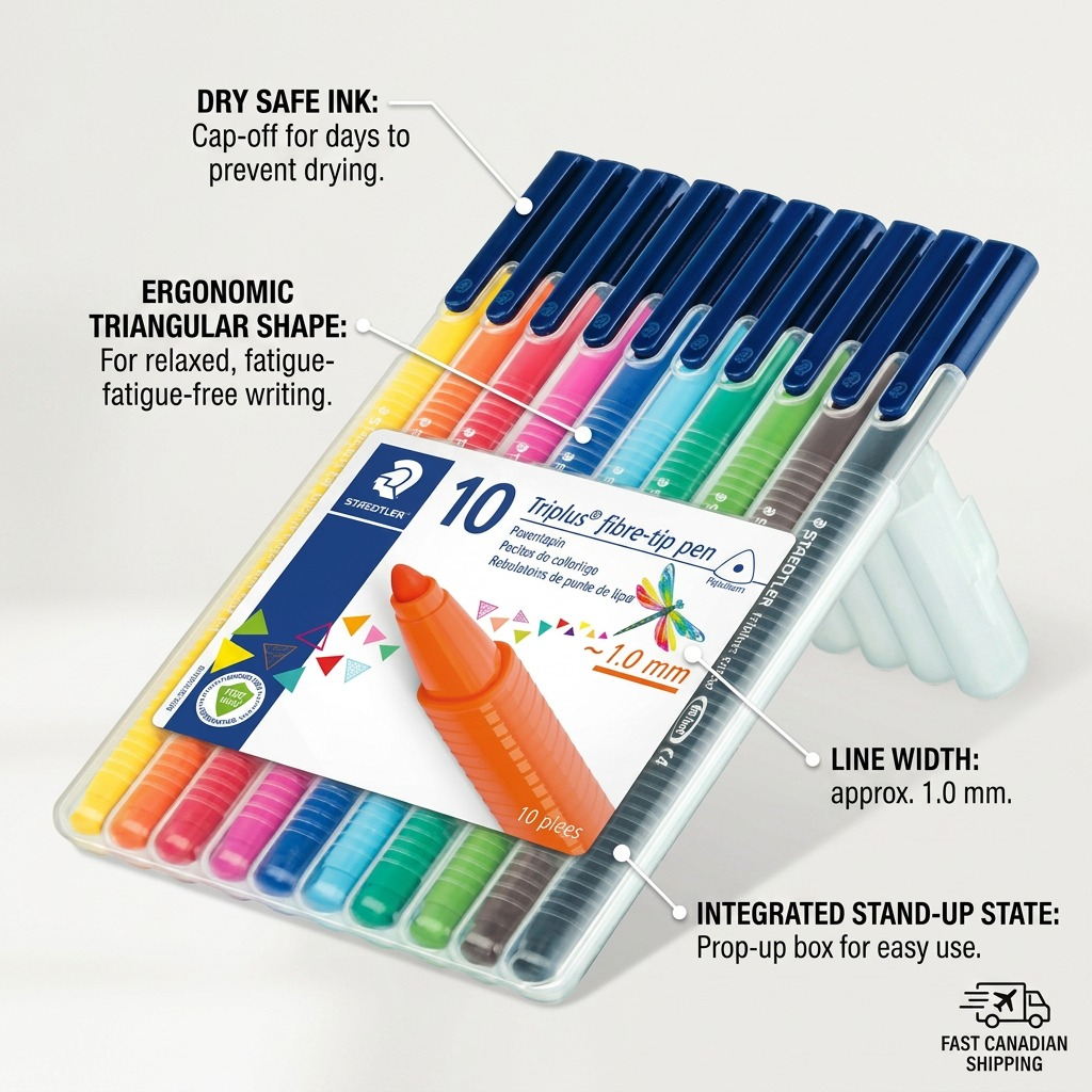 A product feature callout graphic for the STAEDTLER triplus fibre-tip pen 10-pack set 323-SB10A610, highlighting key operational features like its Dry Safe ink, ergonomic triangular shape, ~1.0mm line width, and practical stand-up box case, complete with a Canadian shipping icon.