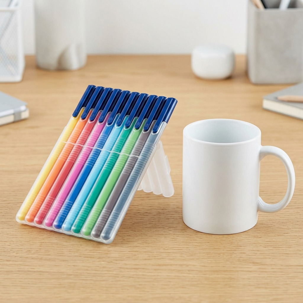 STAEDTLER triplus fibre tip pens (10-pack) displayed on a wooden desk next to a ceramic coffee mug.