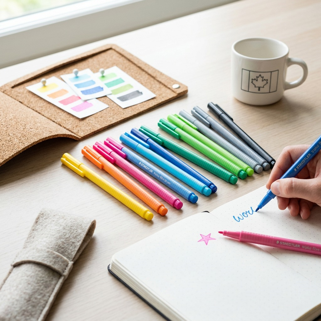 A lifestyle photo of a ten-color set of Staedtler Triplus fibre-tip pens, from image_0.png, resting open on a light wooden desk.