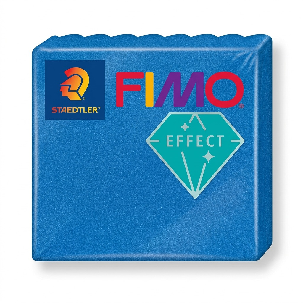 A sharp, clear hero shot of a single 57g bar of STAEDTLER Fimo Effect blue metallic modelling clay on a pure white background.