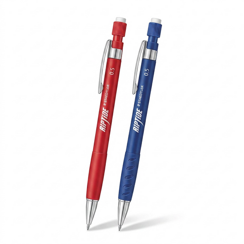 A high-resolution product shot of two STAEDTLER RIPTIDE 0.5mm mechanical pencils (one blue, one red) centered on a pure white background.