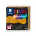 High-resolution hero shot of STAEDTLER FIMO Professional Ochre modelling clay, showing its 57g bar and specific yellow-ochre color, on a pure white background.