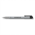 A high-resolution, centered view of the STAEDTLER Fineliner Pigment Liner 0.8mm Black, featuring its distinct silver barrel and black clip, on a pure white background.