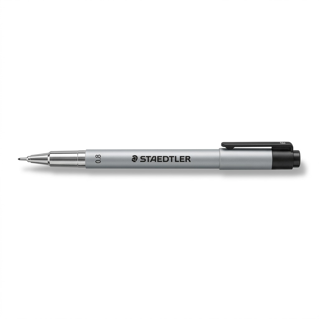A high-resolution, centered view of the STAEDTLER Fineliner Pigment Liner 0.8mm Black, featuring its distinct silver barrel and black clip, on a pure white background.