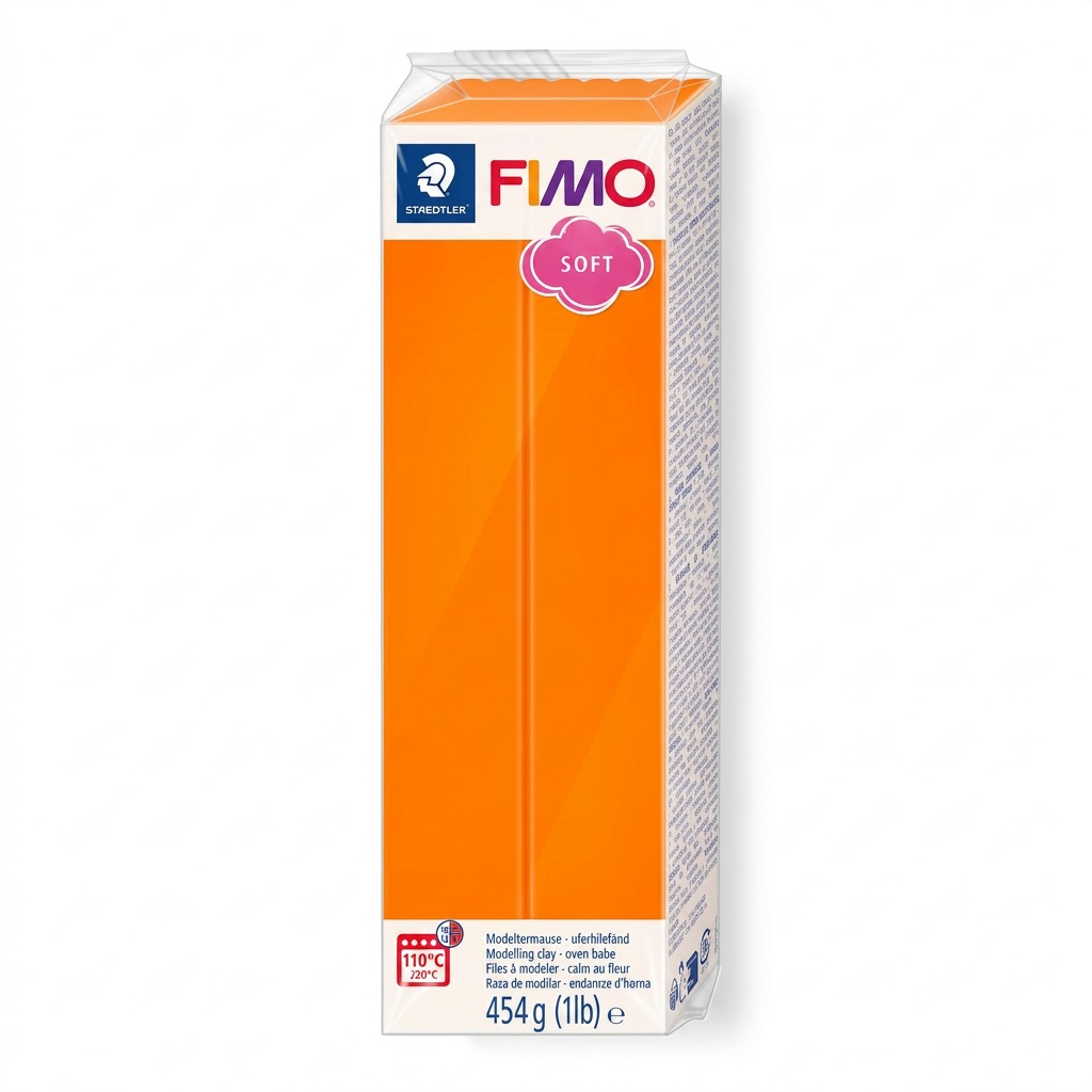A high-resolution product shot of STAEDTLER Fimo Soft 454g (1lb) Tangerine modeling clay block.