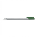 Pure white background featuring a STAEDTLER triplus 0.3mm fineliner pen in green earth with clear barrel text and tip detail.