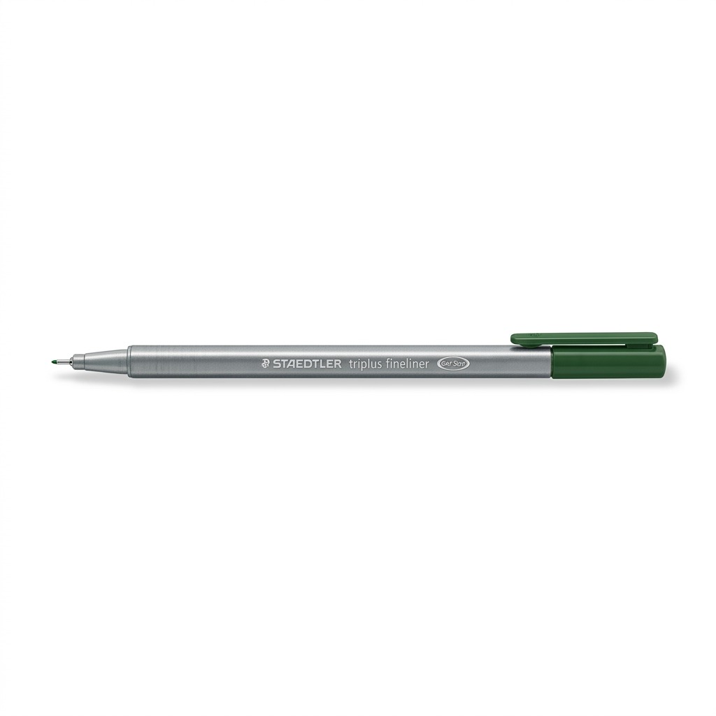 Pure white background featuring a STAEDTLER triplus 0.3mm fineliner pen in green earth with clear barrel text and tip detail.