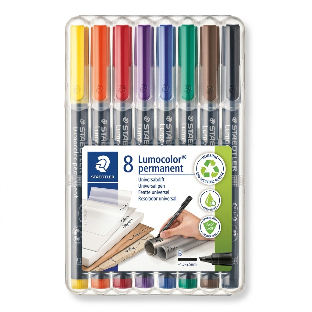 Pure high-resolution hero shot of the STAEDTLER Lumocolor permanent B 8-pen set against a clean white background.