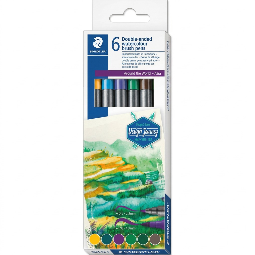 A high-resolution, centered view of the STAEDTLER Double-ended Watercolour Brush Pens 6ct set, Asia edition.