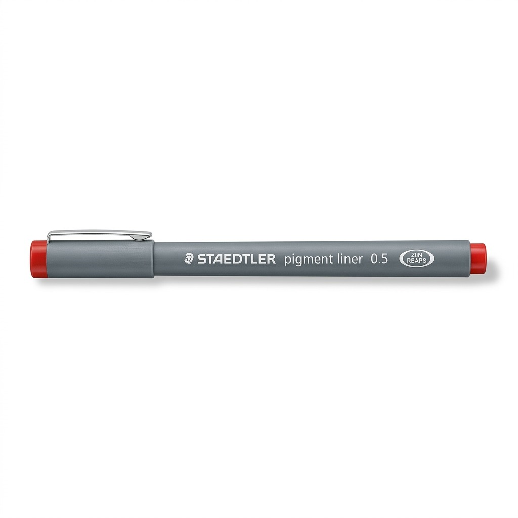 A crisp, pure-white hero shot of the STAEDTLER Pigment Liner 0.5Mm Red, with all original markings.