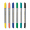 A pure high-resolution hero shot of six STAEDTLER Double-ended Watercolour Brush Pens, standing upright and aligned.