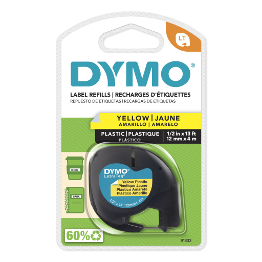 DYMO Labeling Tape for LetraTag Label Makers, Black Print on Yellow Labels, 1/2" x 13-Foot Roll