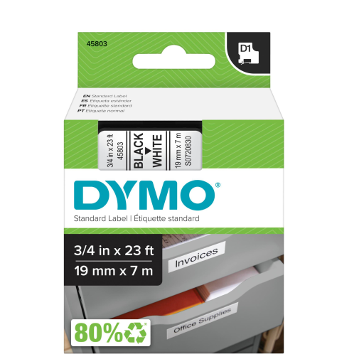DYMO Authentic Standard D1 Labeling Tape for LabelManager Label Makers, Black print on White tape, 3/4'' W x 23' L, 1 cartridge