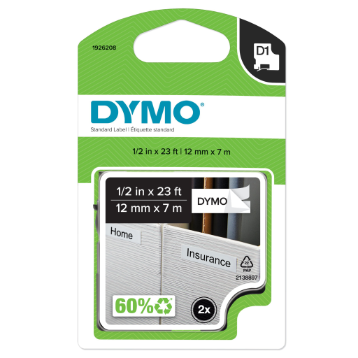 DYMO Authentic D1 Labels For LabelManager Label Makers, 1/2" x 23-Foot Roll, Black Print on White Tape, Self-Adhesive, 2 Pack