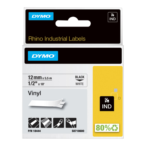 DYMO Rhino Industrial Vinyl Labels, 1/2", Black Print on White Tape
