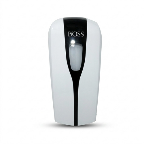 A high-resolution product shot of the white and black BiOSS011 automatic touch-free hand sanitizer dispenser on a pure white background.