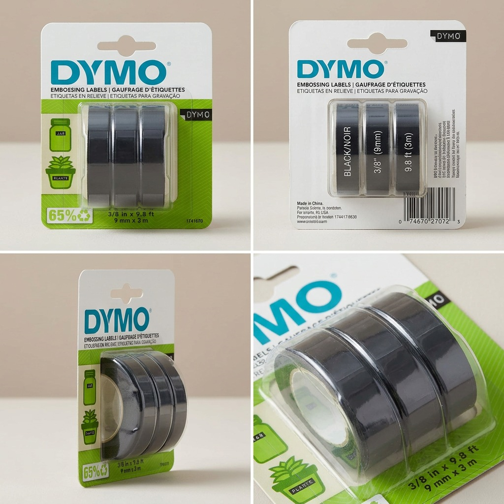 A four-panel grid display showing the DYMO embossing label 3-pack from front, detailed back, side, and canonical asset angles, all against clean neutral backgrounds.