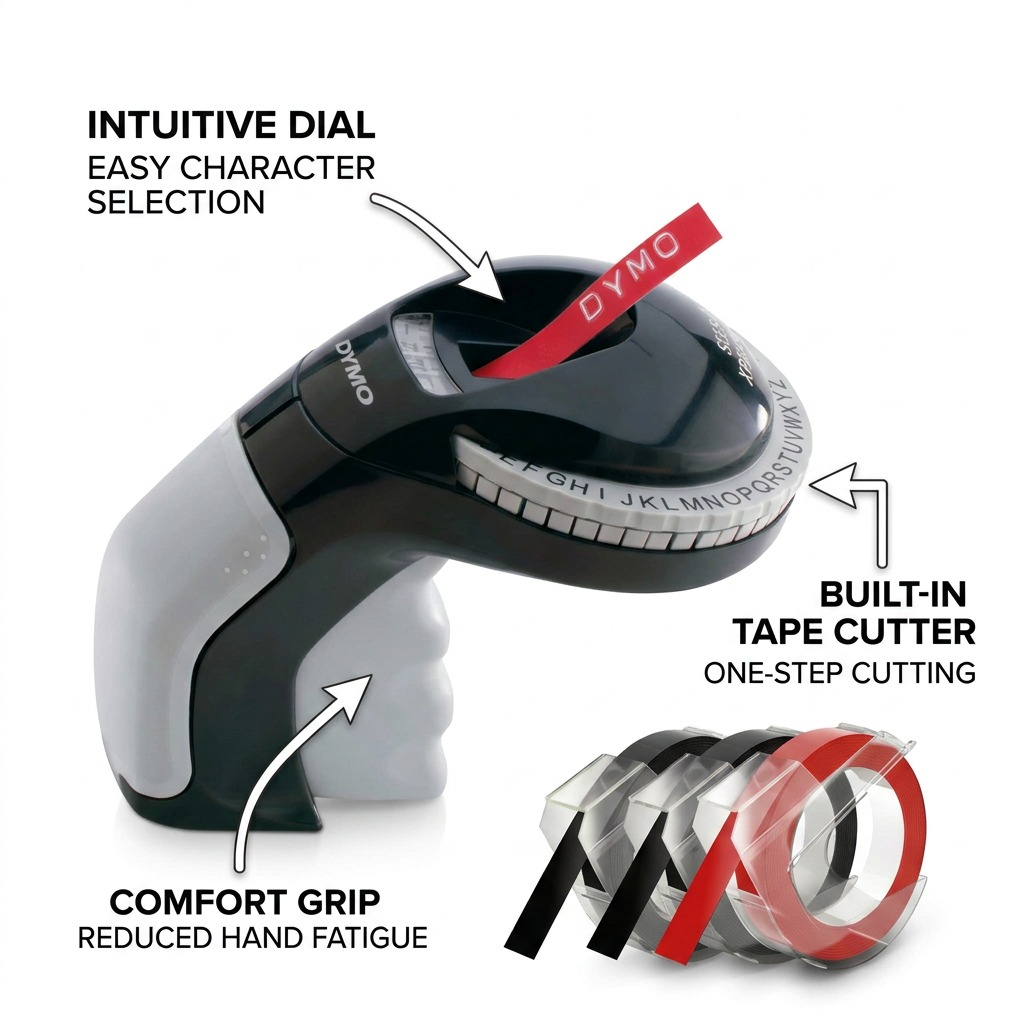 DYMO Organizer Xpress Pro infographic showcasing its intuitive character dial, comfort grip, and built-in tape cutter.