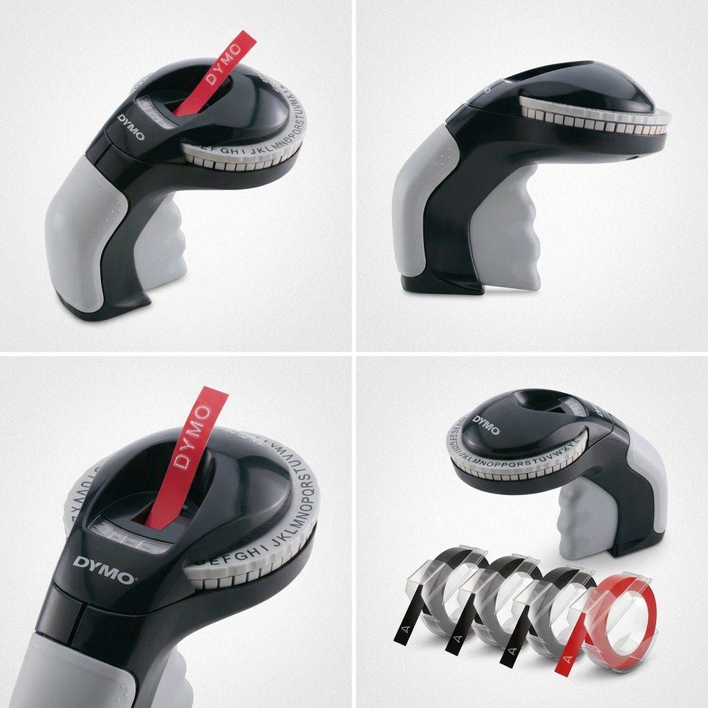 DYMO label maker shown from four angles on neutral ecommerce grid background.