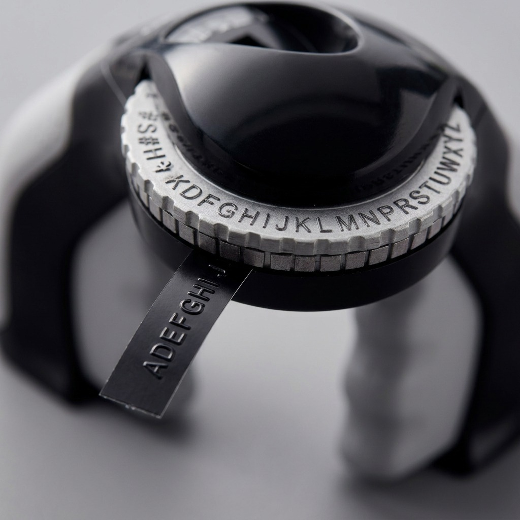 Macro close-up of the embossing wheel and tactile output on the Dymo Organizer Xpress Pro label maker.