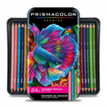 High-resolution hero shot of Prismacolor Premier open metal tin displaying 24 colored pencils.
