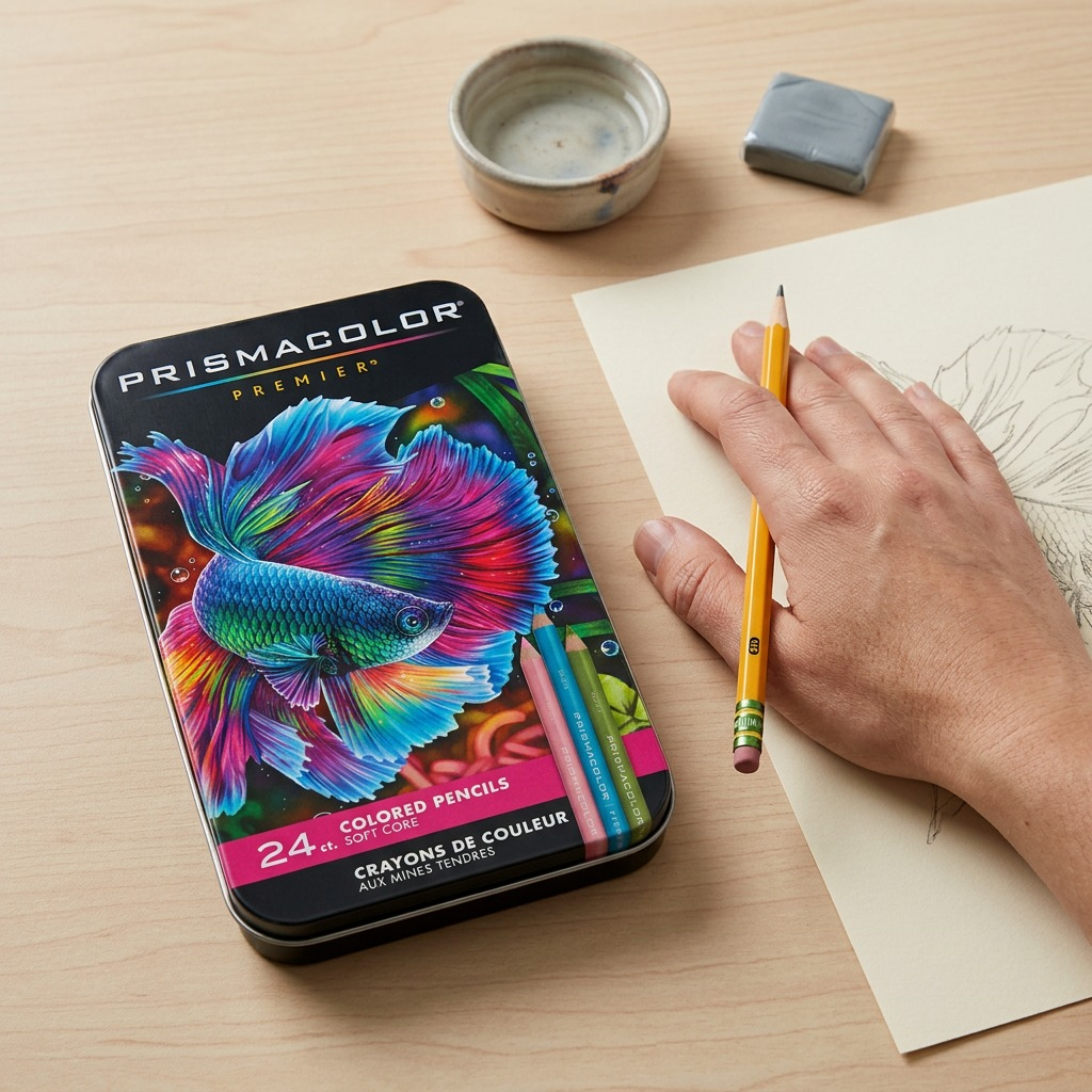 A scale reference image for Prismacolor Premier 24ct colored pencils, featuring the specific product tin next to an average-sized hand holding an standard pencil over a sketch.