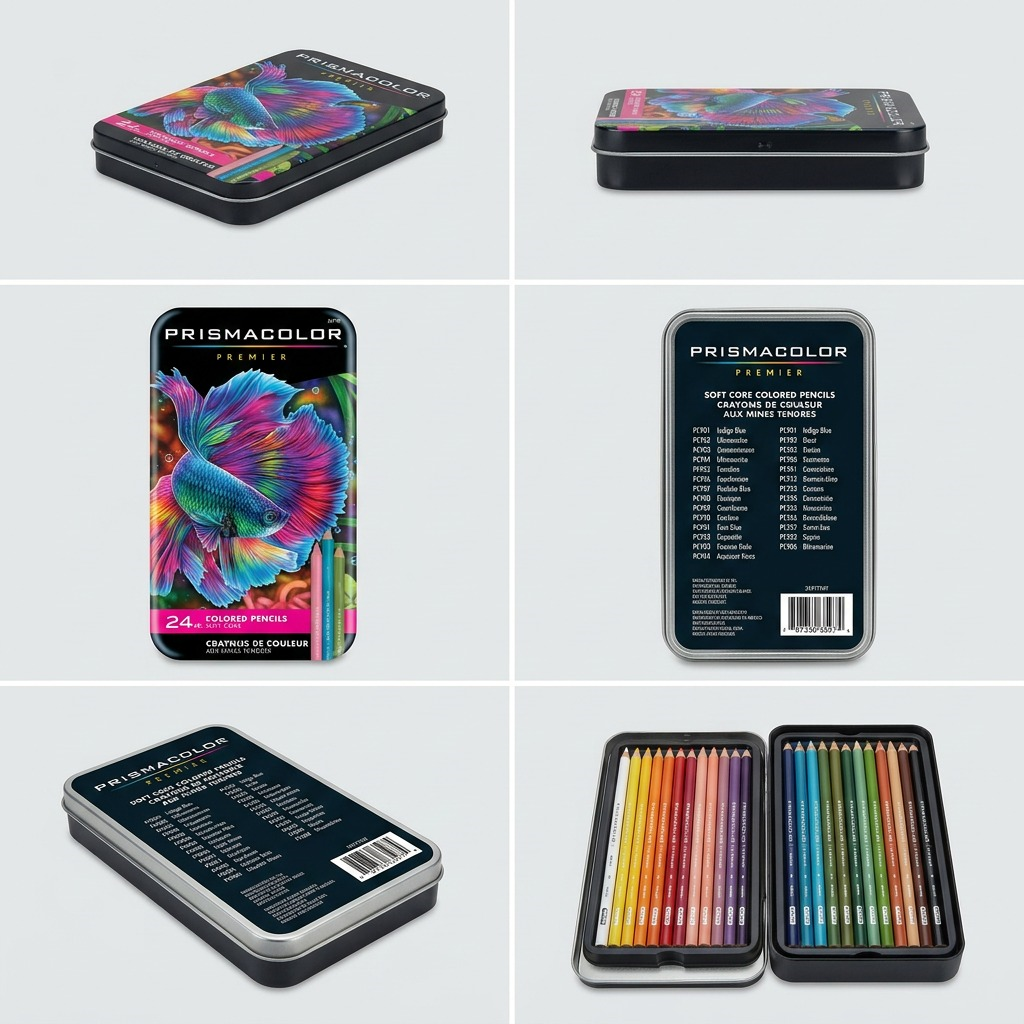 A premium 3x2 grid displaying the Prismacolor set from diverse useful angles, including open.