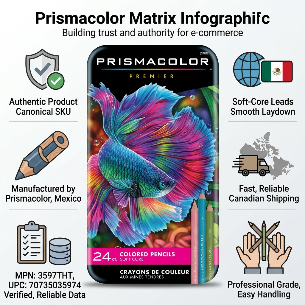 Confidence infographic for 24ct Prismacolor Premier Pencils, featuring authentic pencils, manufacturer, and fast shipping details.