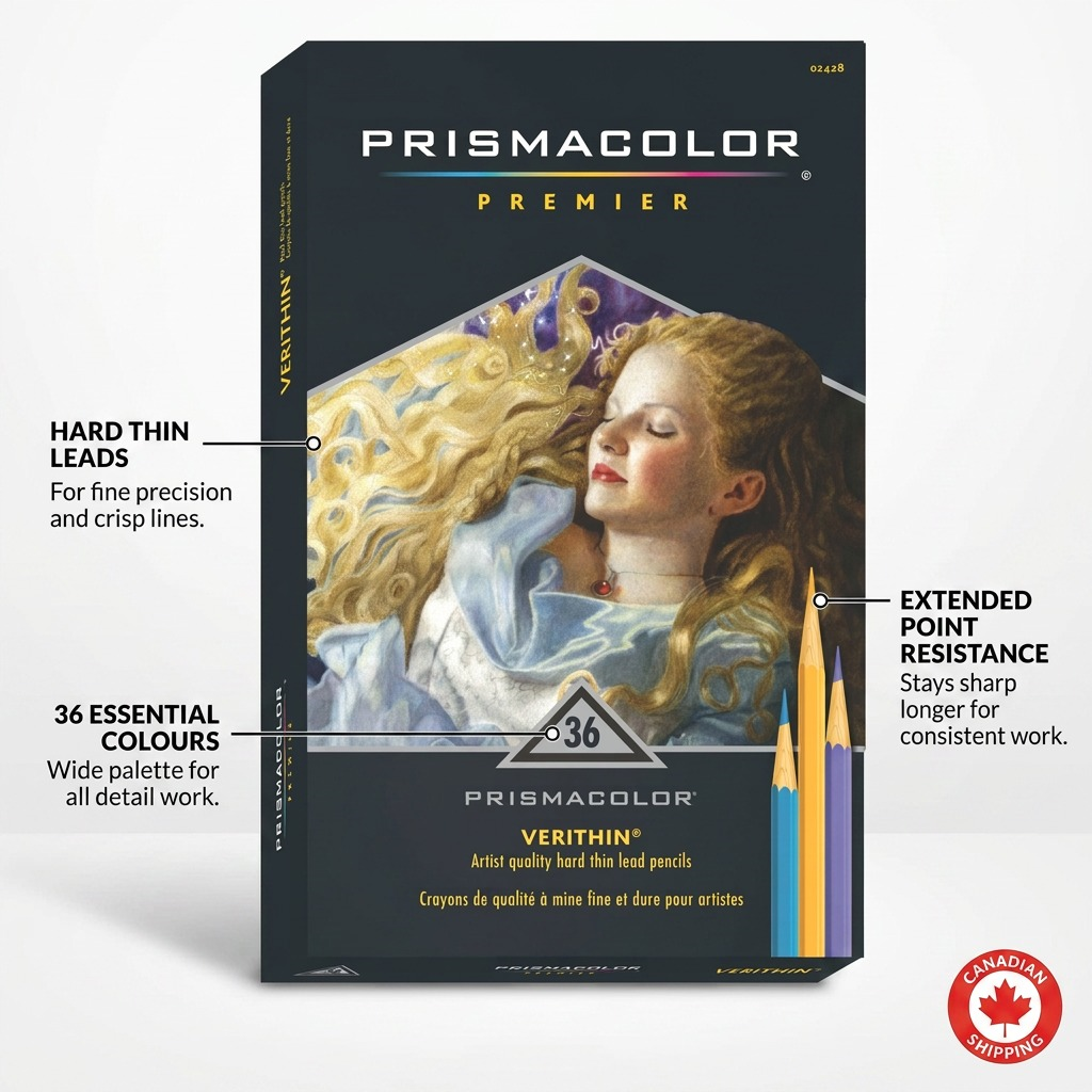 A polished feature graphic for 36 Prismacolor Premier Verithin Pencils, highlighting hard leads and fine points for detail.
