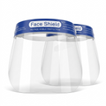 Two clear anti-fog face shields with blue "HD FACE SHIELD PROTECTION" headbands against a white background.
