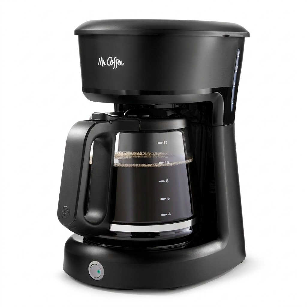 High-resolution hero shot of the Mr. Coffee 12-Cup Switch Coffee Maker in black, on a seamless white background.
